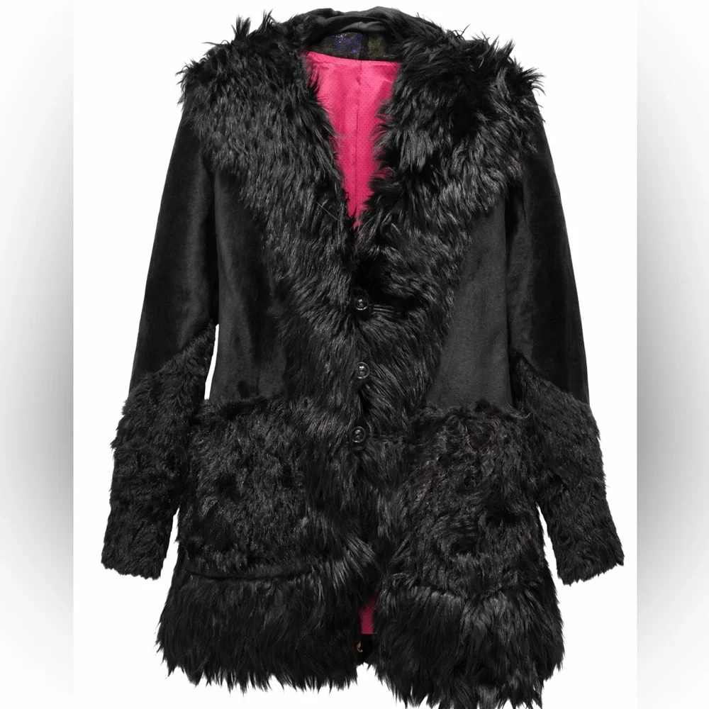 Black Fur Leather Chic Layering Coat M/L NWT High End Designer Statement Luxury - Picture 6 of 14